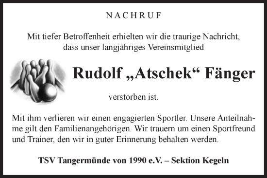 Traueranzeige von Rudolf Fänger von Volksstimme Altmark Ost