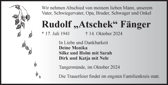 Traueranzeige von Rudolf Fänger von Volksstimme Altmark Ost