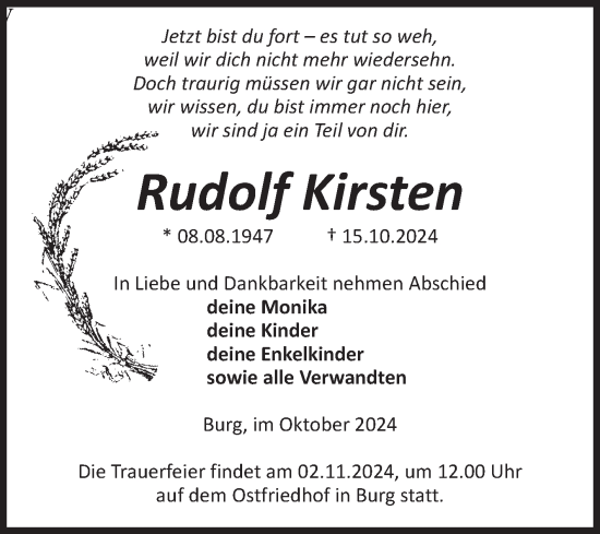 Traueranzeige von Rudolf Kirsten von Volksstimme Burg/Genthin