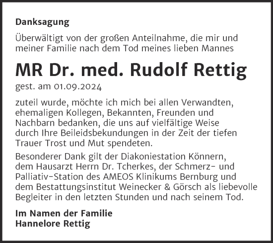 Traueranzeige von Rudolf Rettig von Trauerkombi Bernburg