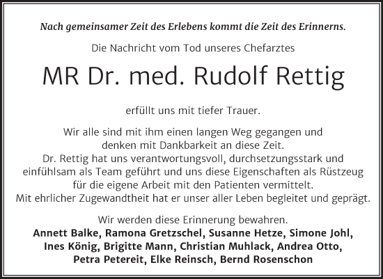 Traueranzeige von Rudolf Rettig von Trauerkombi Bernburg