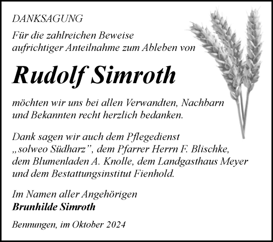 Traueranzeige von Rudolf Simroth von Trauerkombi Sangerhausen