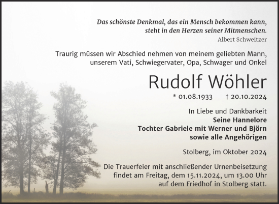 Traueranzeige von Rudolf Wöhler von Trauerkombi Sangerhausen