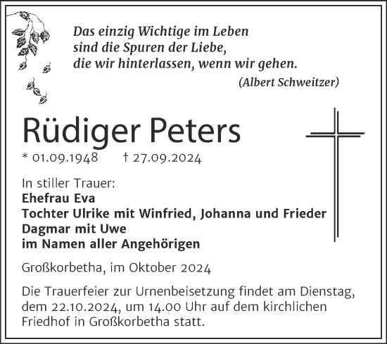 Traueranzeige von Rüdiger Peters von Mitteldeutsche Zeitung Weißenfels
