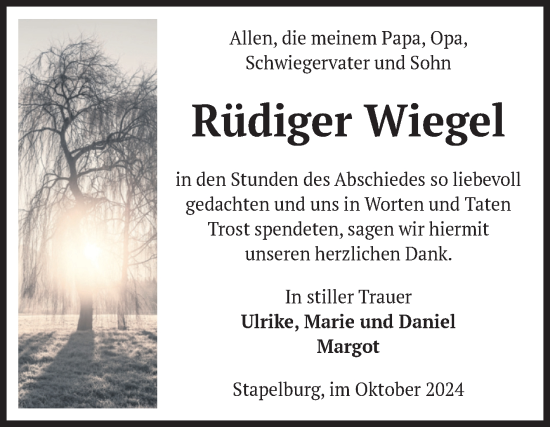 Traueranzeige von Rüdiger Wiegel von Volksstimme Wernigerode
