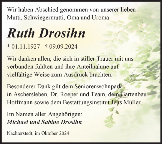 Traueranzeige von Ruth Drosihn von Trauerkombi Aschersleben