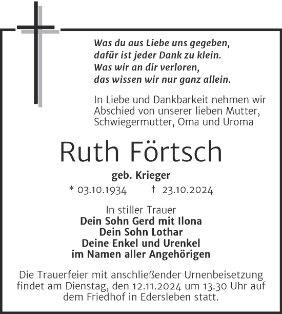 Traueranzeige von Ruth Förtsch von Trauerkombi Sangerhausen