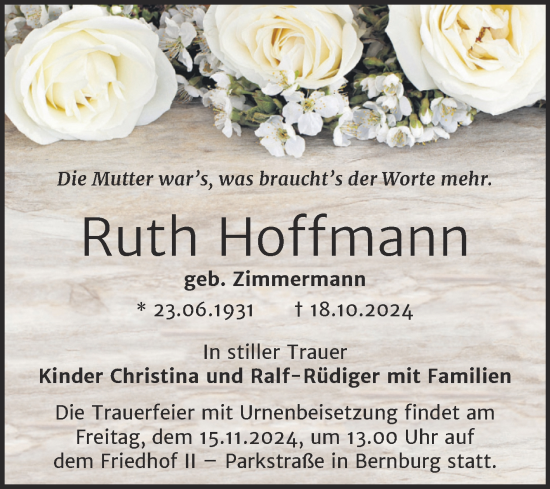 Traueranzeige von Ruth Hoffmann von Trauerkombi Bernburg