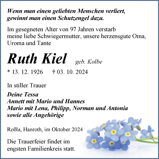 Traueranzeige von Ruth Kiel von Trauerkombi Sangerhausen
