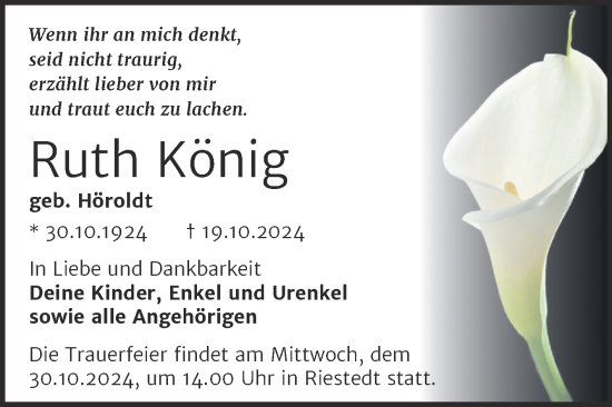 Traueranzeige von Ruth König von Trauerkombi Sangerhausen