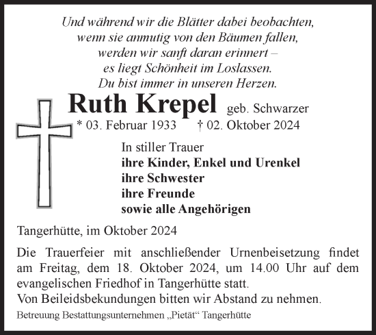 Traueranzeige von Ruth Krepel von Volksstimme Altmark Ost
