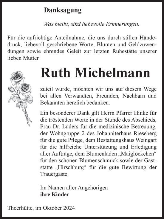 Traueranzeige von Ruth Michelmann von Volksstimme Altmark West