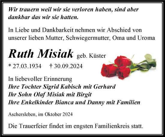 Traueranzeige von Ruth Misiak von Trauerkombi Aschersleben