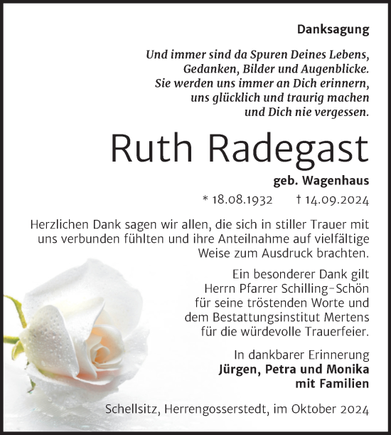 Traueranzeige von Ruth Radegast von Super Sonntag Naumburg/Nebra