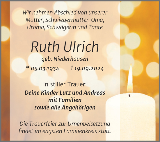 Traueranzeige von Ruth Ulrich von Trauerkombi Mansfelder Land