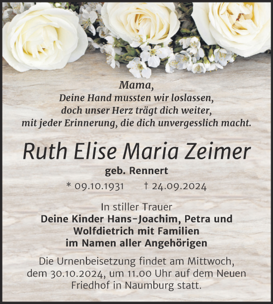Traueranzeige von Ruth Elise Maria Zeimer von Super Sonntag Naumburg/Nebra