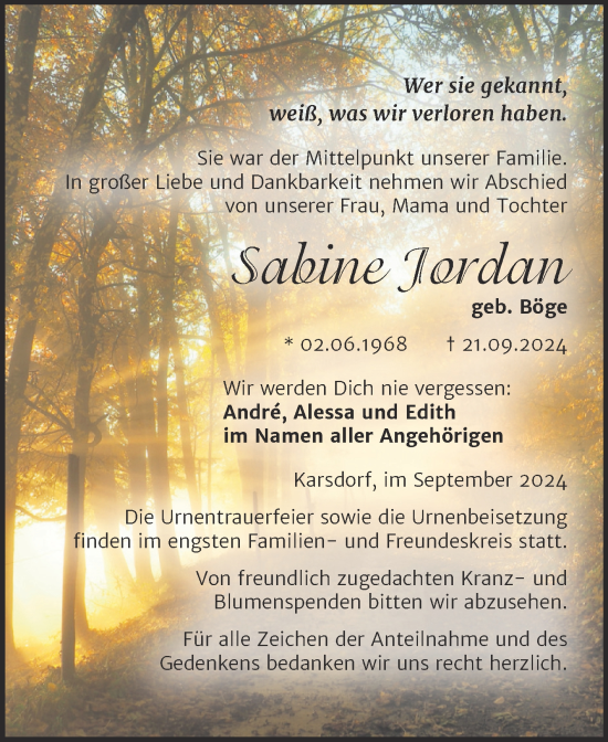 Traueranzeige von Sabine ardanz von Super Sonntag Naumburg/Nebra