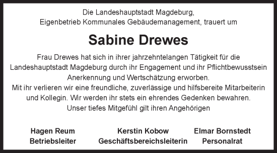 Traueranzeige von Sabine Drewes von Volksstimme Magdeburg
