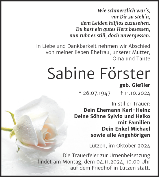 Traueranzeige von Sabine Förster von Trauerkombi Weißenfels