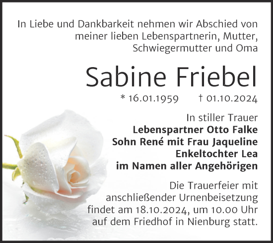 Traueranzeige von Sabine Friebel von Trauerkombi Bernburg