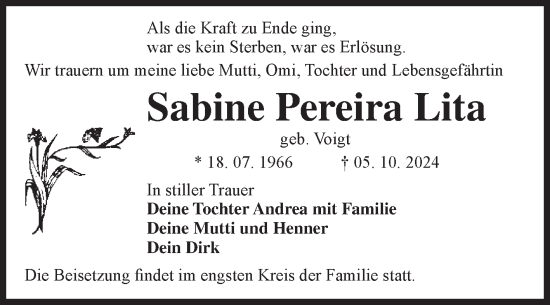 Traueranzeige von Sabine Pereira Lita von Volksstimme Zerbst