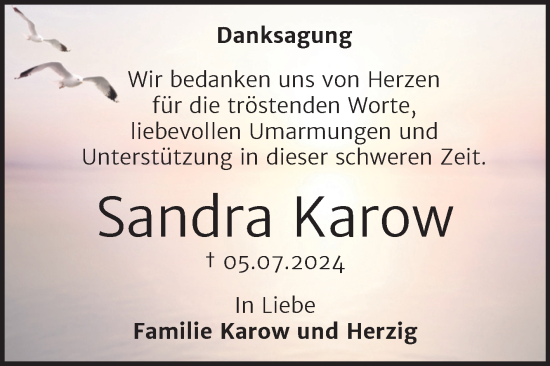 Traueranzeige von Sandra Karow von Trauerkombi Wittenberg