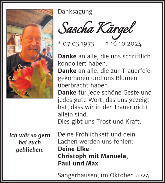 Traueranzeige von Sascha Kärgel von Trauerkombi Sangerhausen