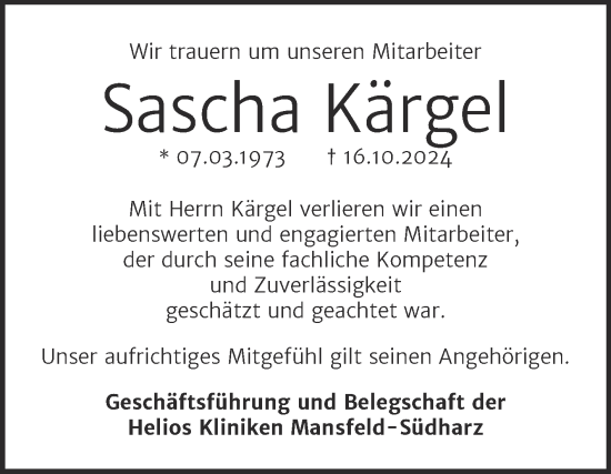Traueranzeige von Sascha Kärgel von Mitteldeutsche Zeitung Mansfelder Land