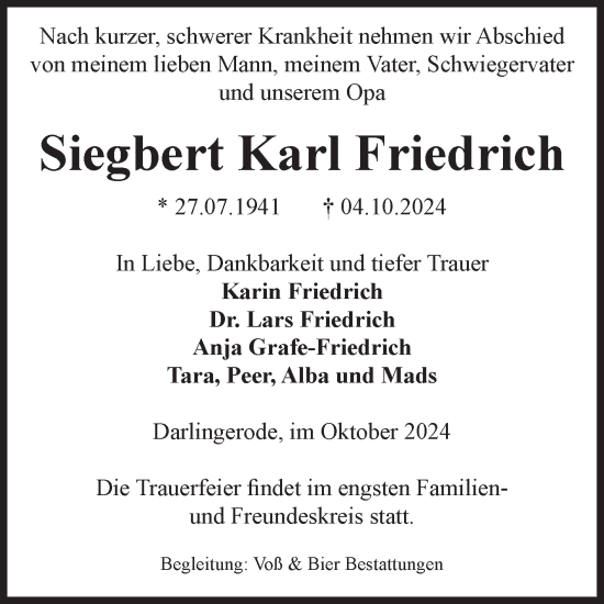 Traueranzeige von Siegbert Karl Friedrich von Volksstimme Wernigerode