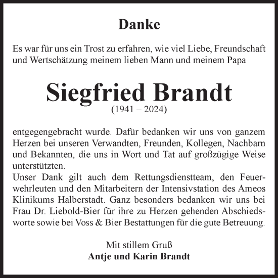 Traueranzeige von Siegfried Brandt von Volksstimme Wernigerode