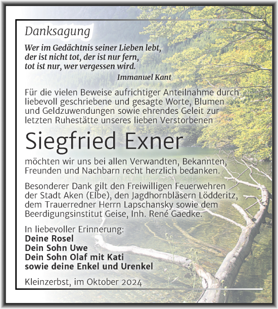 Traueranzeige von Siegfried Exner von Trauerkombi Köthen