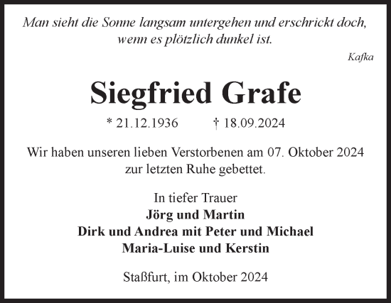 Traueranzeige von Siegfried Grafe von Volksstimme Staßfurt