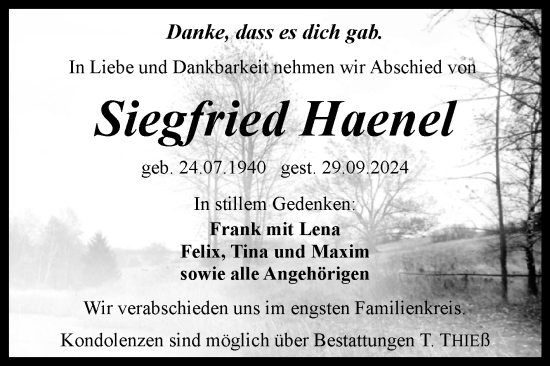 Traueranzeige von Siegfried Haenel von Trauerkombi Aschersleben