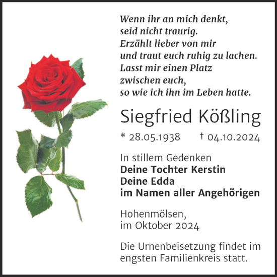 Traueranzeige von Siegfried Kößling von Trauerkombi Weißenfels