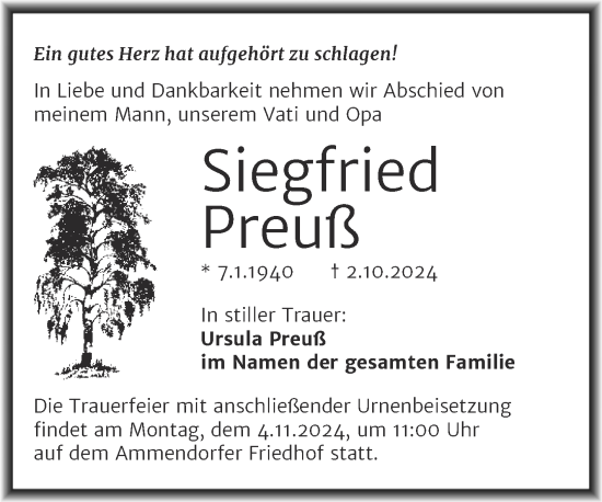 Traueranzeige von Siegfried Preuß von Mitteldeutsche Zeitung Halle/Saalkreis