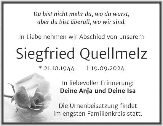 Traueranzeige von Siegfried Quellmelz von Trauerkombi Bitterfeld