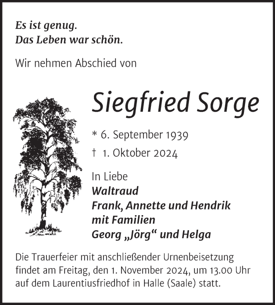 Traueranzeige von Siegfried Sorge von Mitteldeutsche Zeitung Halle/Saalkreis