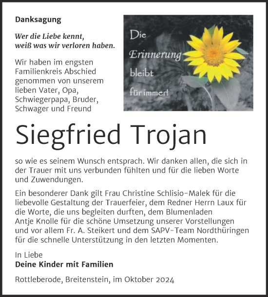 Traueranzeige von Siegfried Trojan von Trauerkombi Sangerhausen