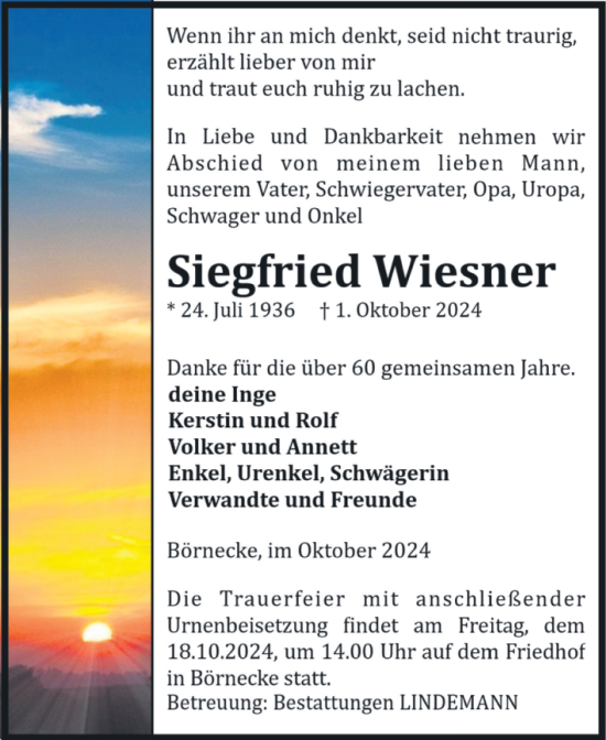 Traueranzeige von Siegfried Wiesner von Volksstimme Wernigerode