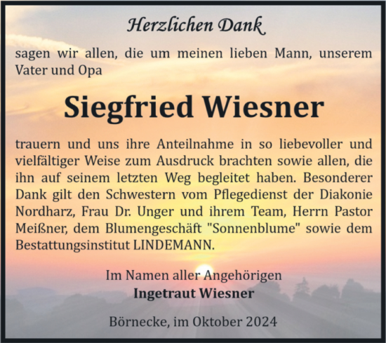 Traueranzeige von Siegfried Wiesner von Volksstimme Wernigerode
