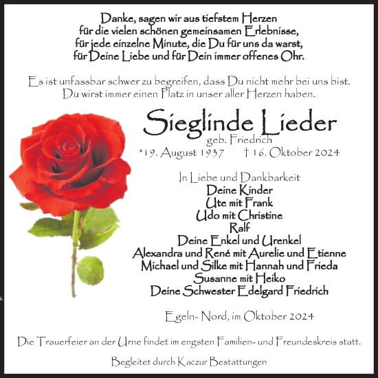 Traueranzeige von Sieglinde Lieder von Volksstimme Staßfurt