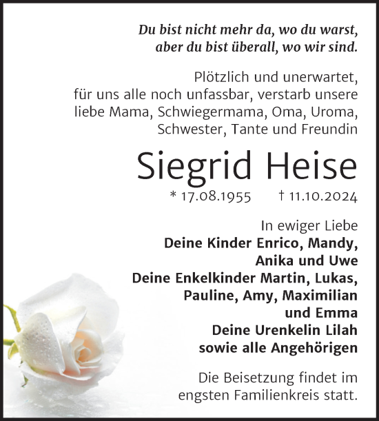 Traueranzeige von Siegrid Heise von Trauerkombi Mansfelder Land