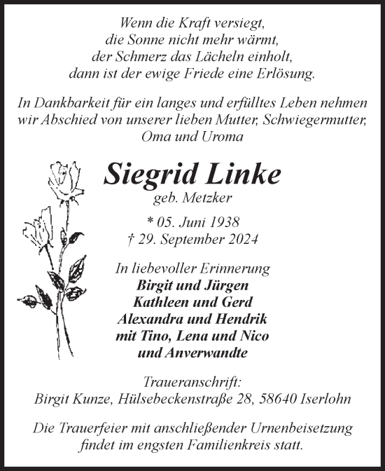 Traueranzeige von Siegrid Linke von Volksstimme Zerbst