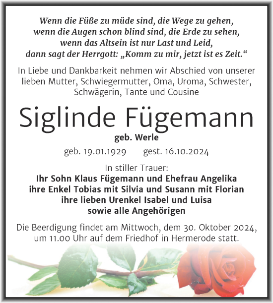 Traueranzeige von Siglinde Fügemann von Trauerkombi Mansfelder Land