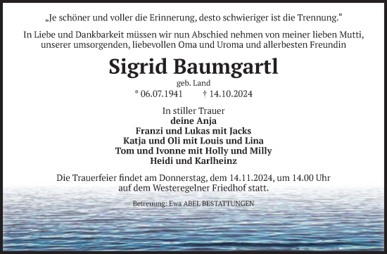 Traueranzeige von Sigrid Baumgartl von Volksstimme Staßfurt