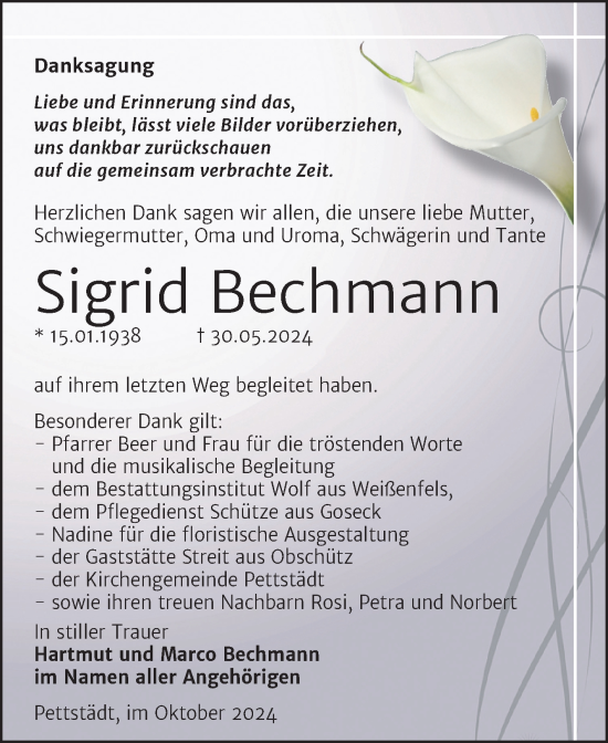 Traueranzeige von Sigrid Bechmann von Trauerkombi Weißenfels