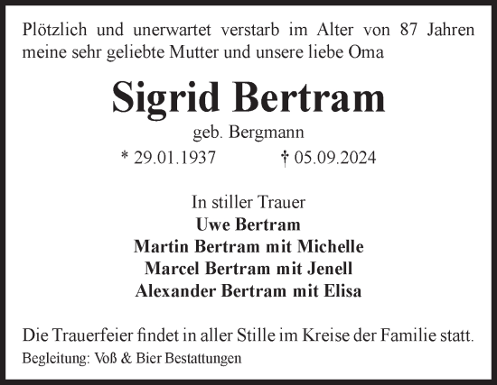 Traueranzeige von Sigrid Bertram von Volksstimme Wernigerode