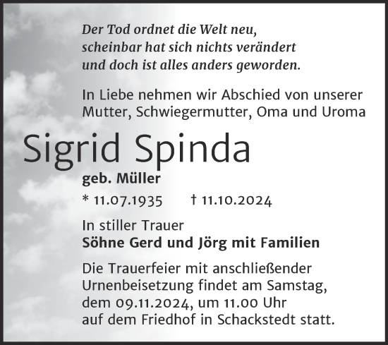 Traueranzeige von Sigrid Spinda von Trauerkombi Aschersleben