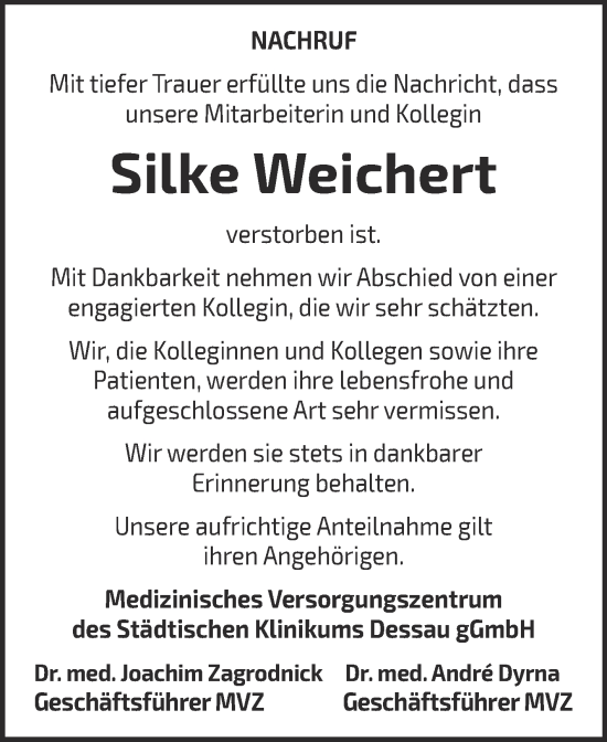 Traueranzeige von Silke Weichert von Super Sonntag Dessau-Roßlau