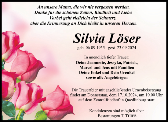 Traueranzeige von Silvia Löser von Trauerkombi Quedlinburg